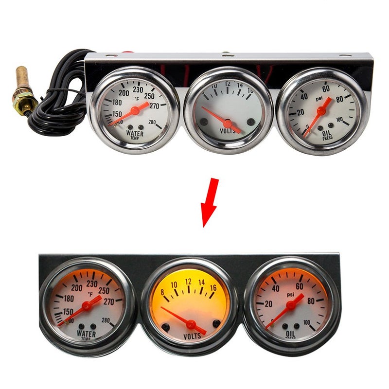 Abizarch Triple Gauge Kit, 3 in 1 Car Oil Volt Water Gauge, Chrome Housing, White Face, Red Needles, 51mm Size, 100-280F Water Temp, 8-16V Volts, 0-100psi Oil Pressure - Image 5